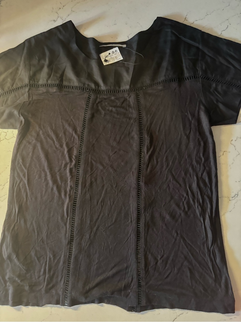 Mango Black Short Sleeve Tee with Ladder-Trim Panels XS NWT